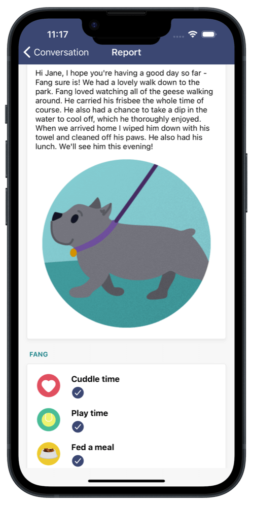 Detailed report card with photos from a dog walking visit